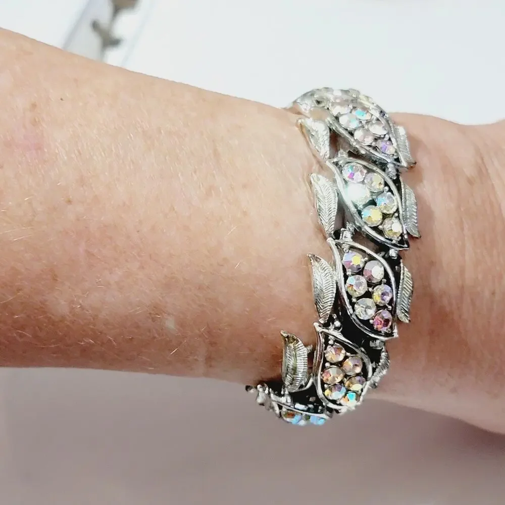 Coro AB Rhinestone Leaf Bracelet Silver Tone Mid Century 7